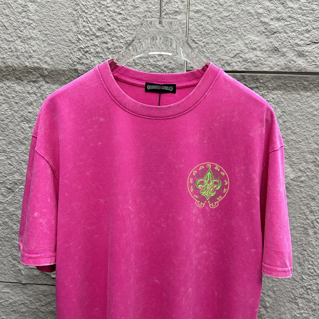 🅿️180 CH* Crow Heart* 2025 spring and summer new style Snowflake distressed washed retro round neck short sleeves Chest and front logo Horseshoe print on front and back Customized fabric Short-sleeved T-shirt Unisex Size: S M L XL XXL Color: Snowflake Black Snowflake Gray Snowflake Pink Snowflake Blue